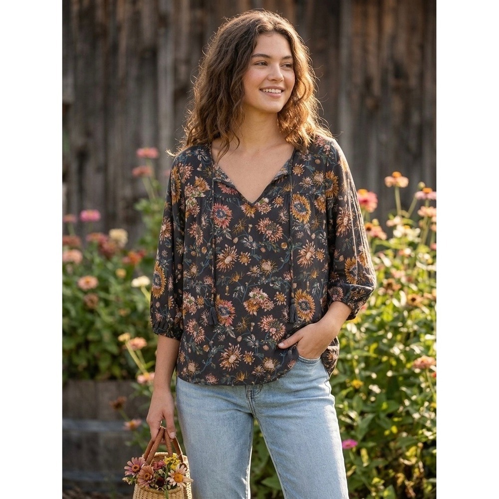 Natural Life Floral Peasant Blouse Small Black Sunflower Tassel Tie Boho Top